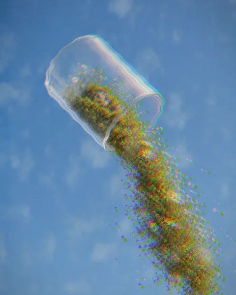 A translucent vessel releasing a trail of colorful flowers against a blue sky.