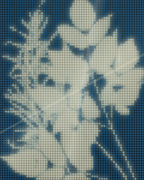 A blue and cream dithered floral composition.
