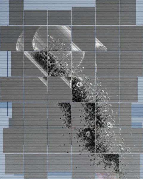 A grayscale tiled floral composition on pale blue.
