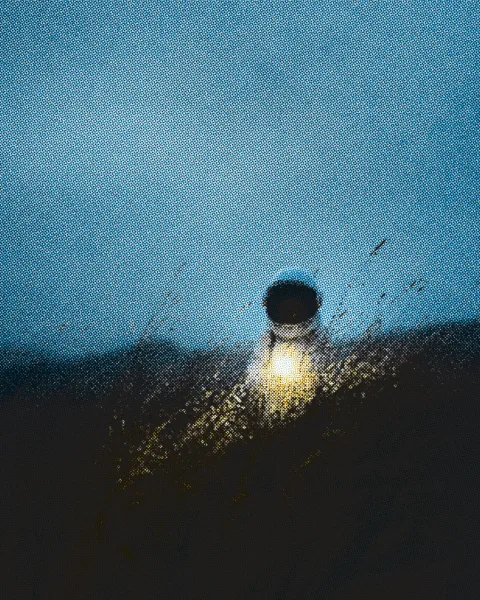 A halftone streetlight glowing against a blue sky.